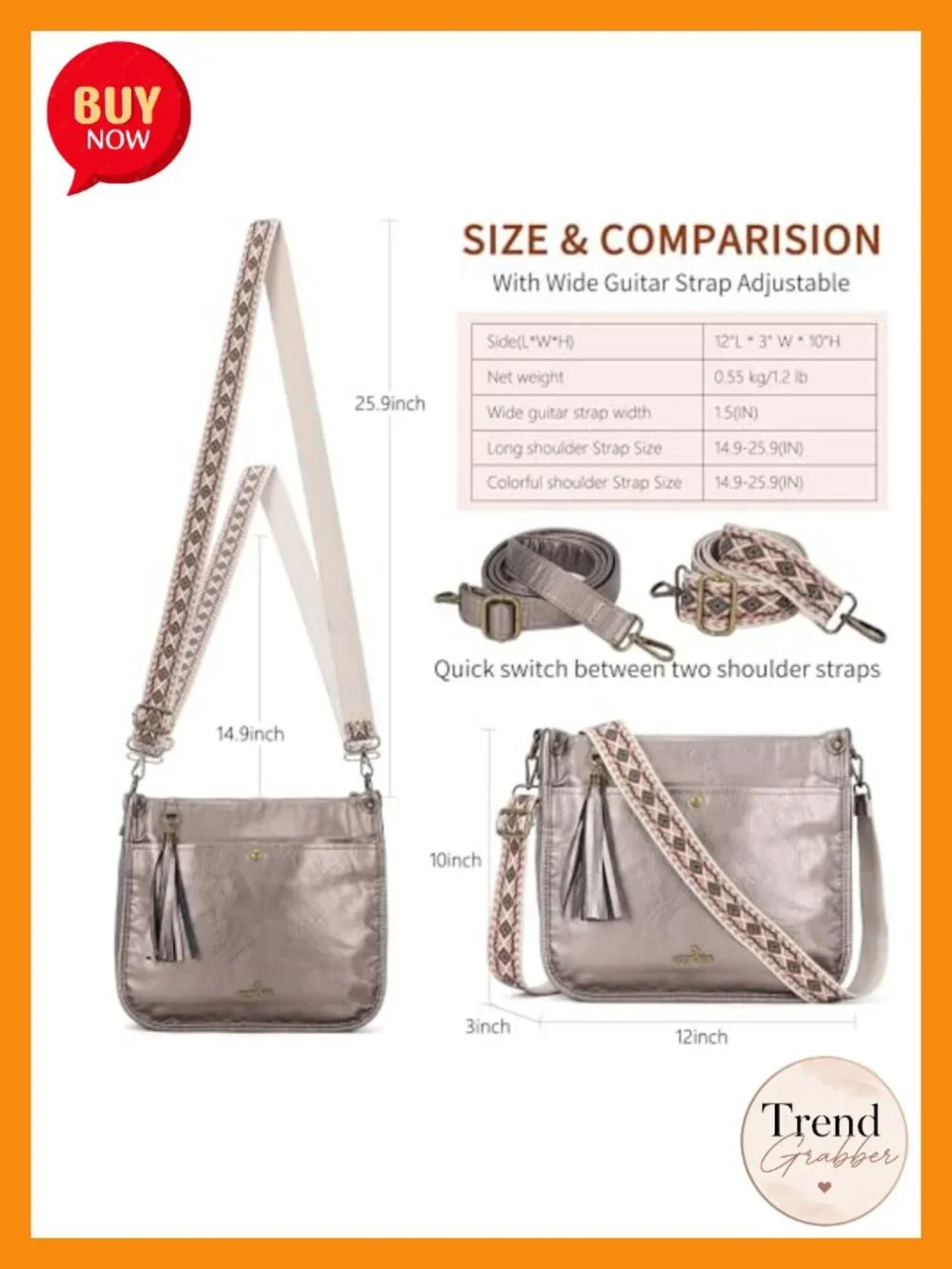 Trendy Vegan Leather Hobo Crossbody Bag with Tassel & Guitar Strap